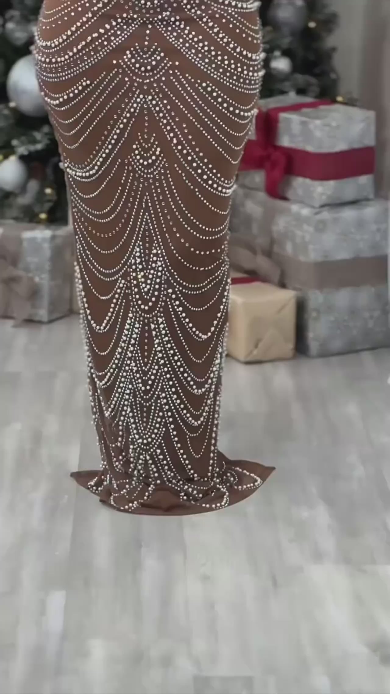 Glamour Gala: Celestial Brown Rhinestone & Pearl Evening Gown