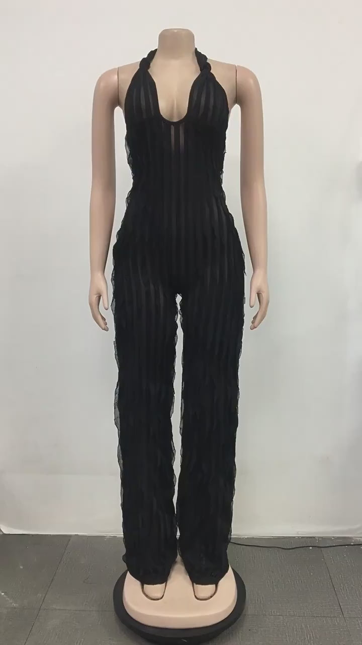Ruffle the Runway: Chic Halter Haven Deep V-Neck Allure Jumpsuit